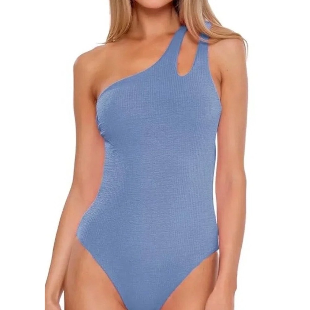 BECCA Rebecca Virtue Blue Pucker Up Textured Asymmetrical One piece Swimsuit M